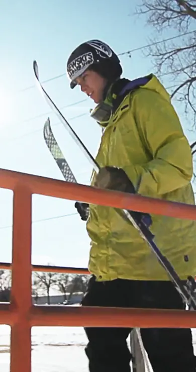 Carousel Slide Image of Skiing a 97ft rail