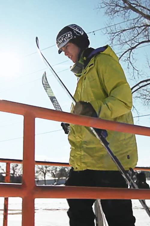 Skiing a 97ft rail